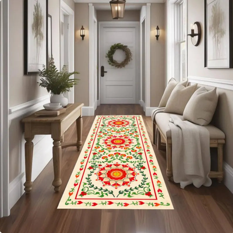 Boho Floral Runner Rug, Vintage Folk Art Hallway Carpet, Washable Non Slip Runner