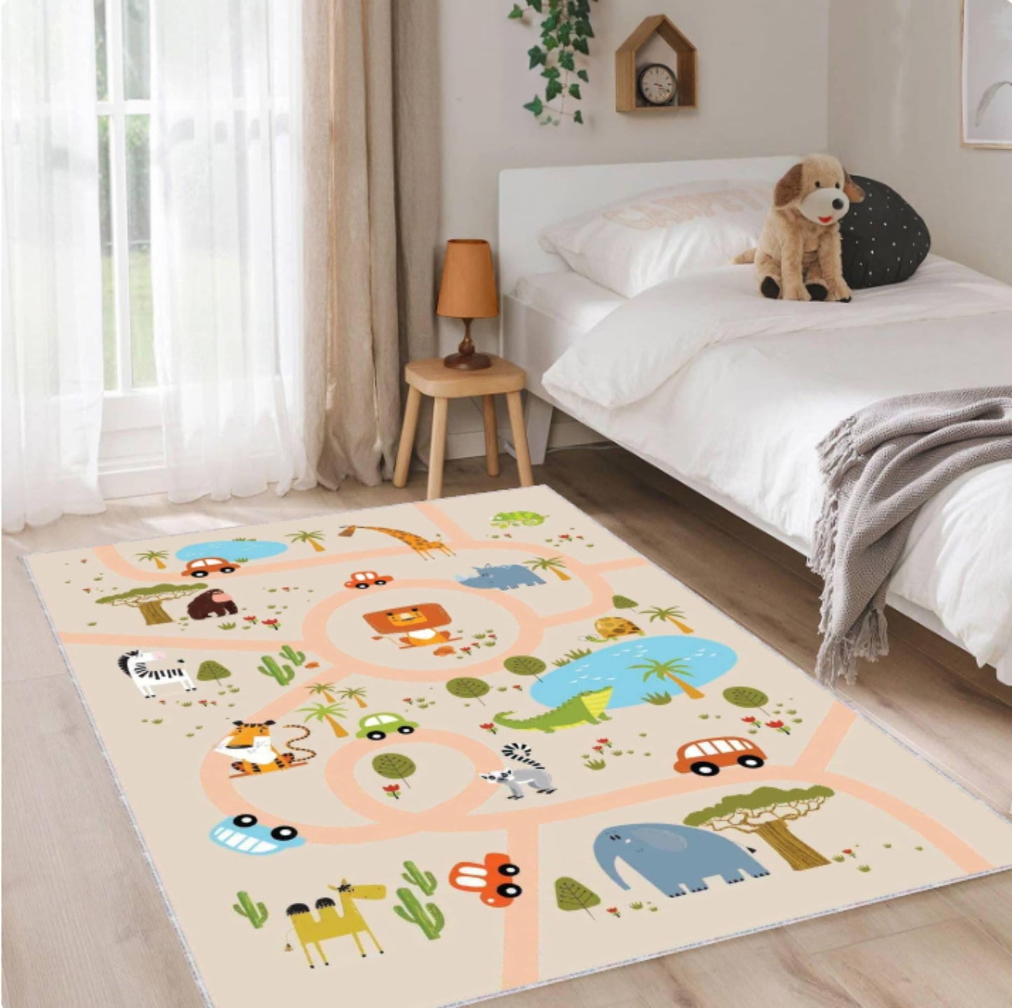 Kids Safari Road Play Rug, Washable Nursery Carpet