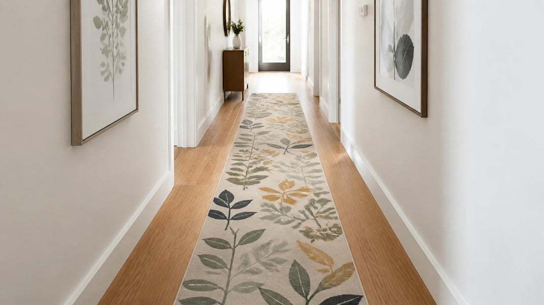 Washable polyester hallway runner rug with non-slip backing laid on a light oak hardwood floor