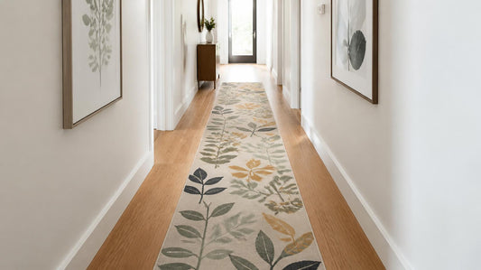 Washable polyester hallway runner rug with non-slip backing laid on a light oak hardwood floor