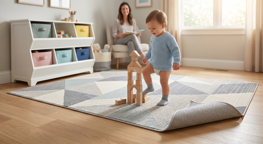 Modern neutral playroom featuring an integrated non slip rug anchored on hardwood flooring