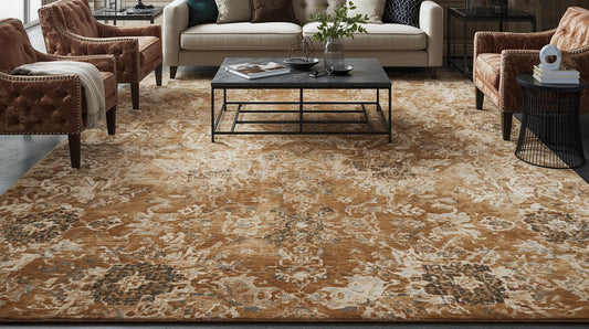 Large area rug placed beneath living room furniture arrangement