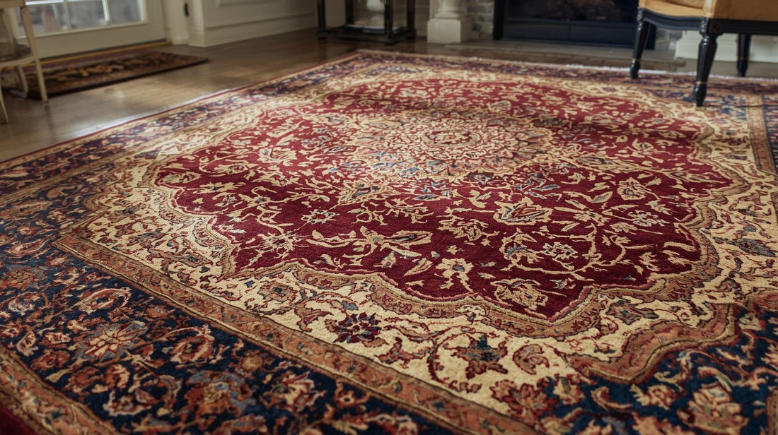 Traditional Persian rug with detailed floral medallion pattern in living room
