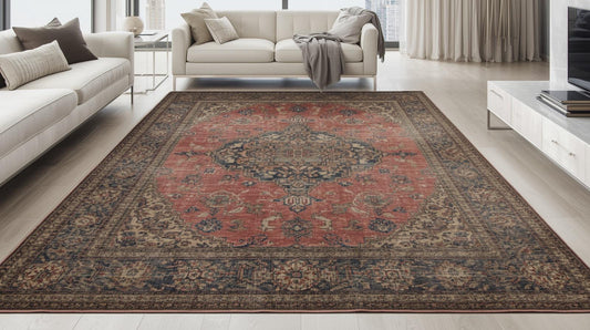 Vintage rug with distressed Persian pattern in modern living room