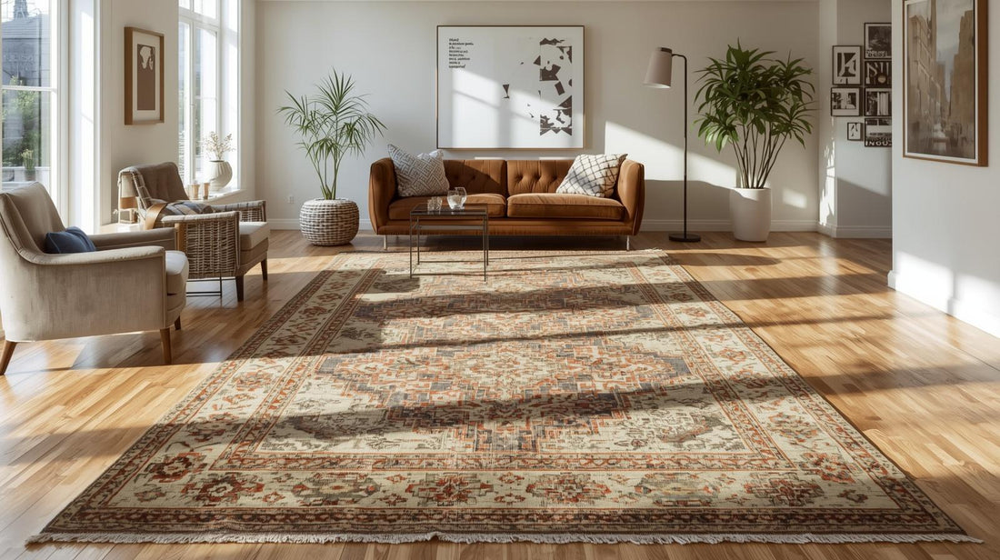 Large boho rug with vintage tribal pattern in modern living room