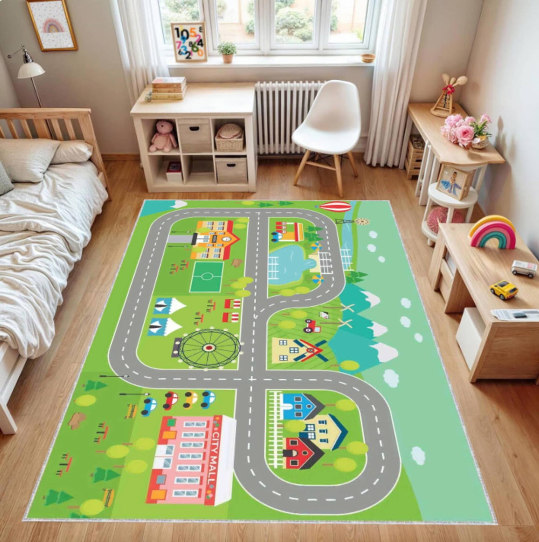 Montessori playroom rug in a calm and organized kids' bedroom with functional learning space