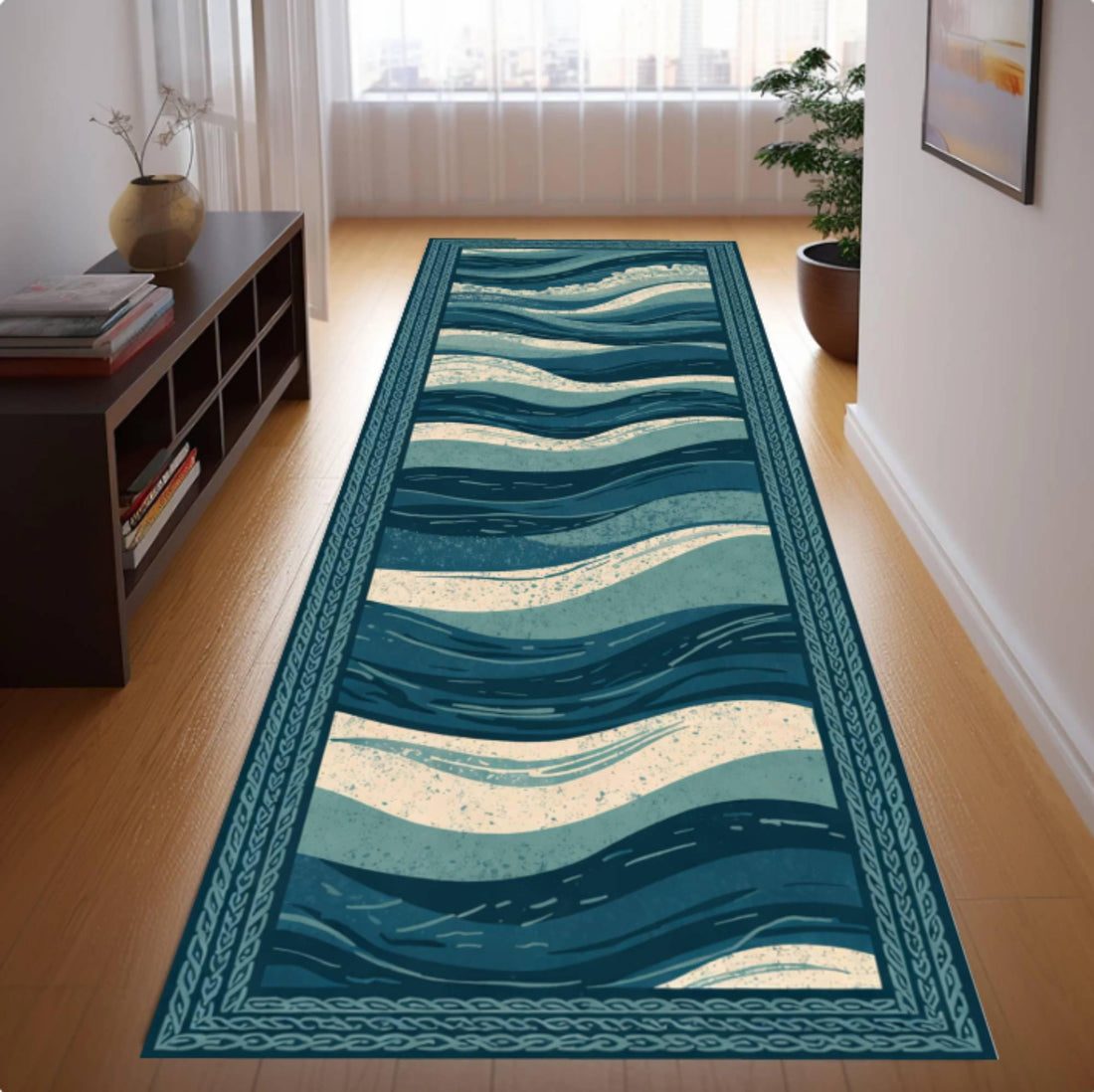 Modern polyester runner rug placed along a hardwood hallway floor with non-slip backing