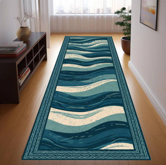 Modern polyester runner rug placed along a hardwood hallway floor with non-slip backing