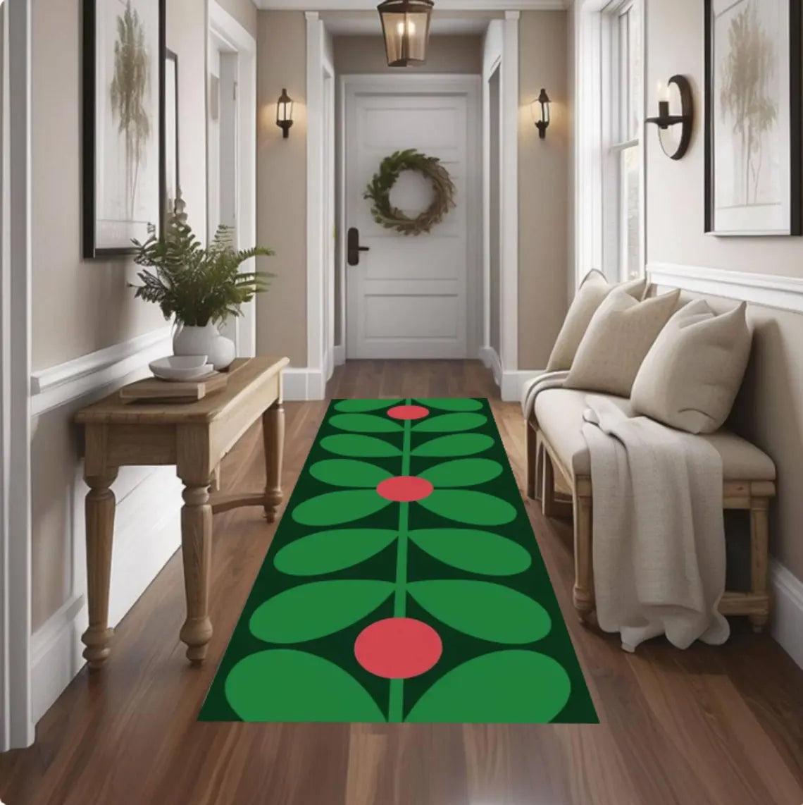 Retro Floral Runner Rug, Mid Century Modern Hallway Carpet, Washable Non Slip Scandinavian Style