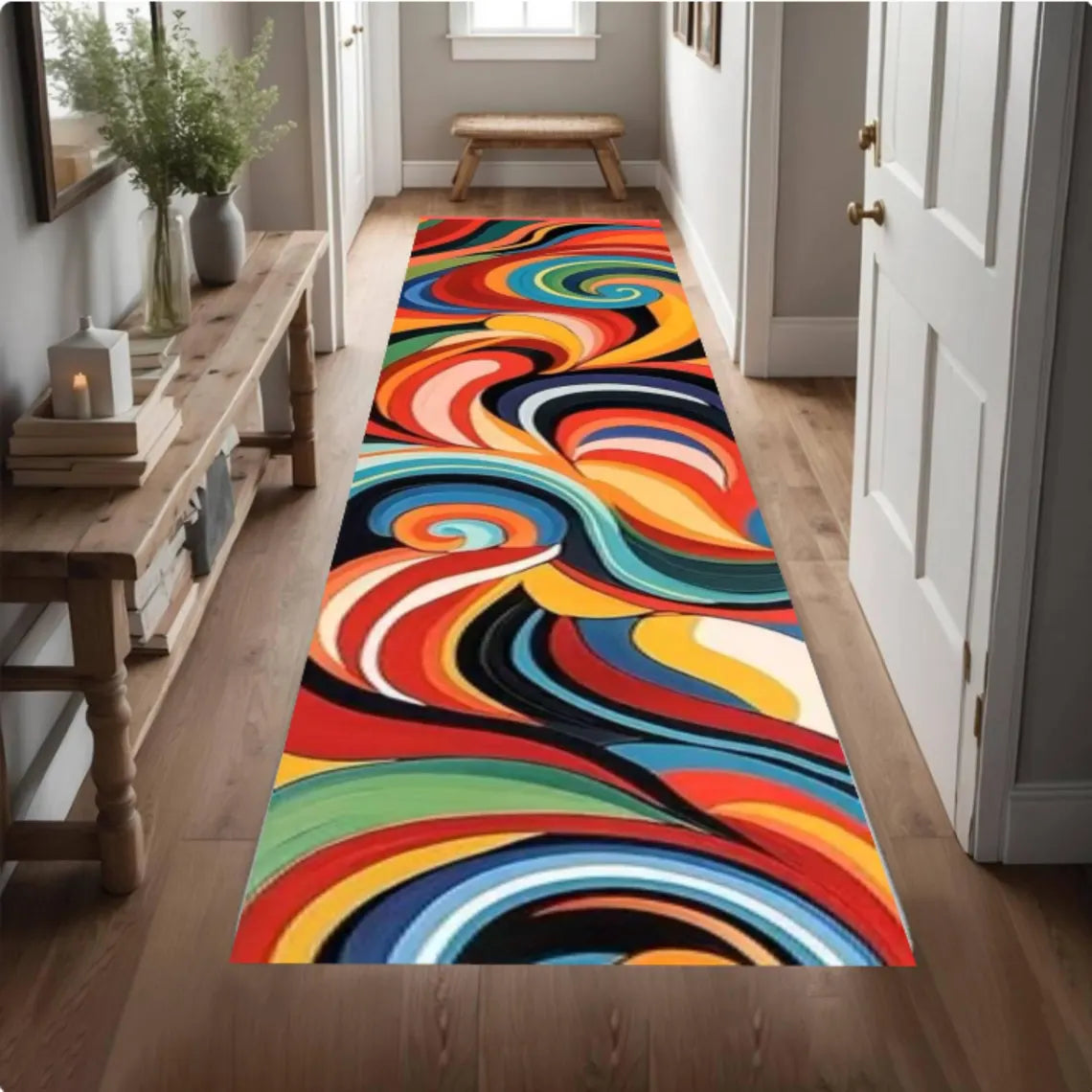 Colorful Abstract Swirl Runner Rug, Retro Psychedelic Hallway Carpet (Washable)