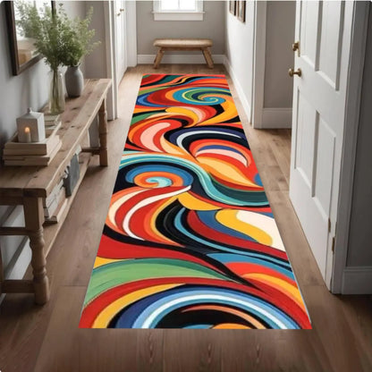 Colorful Abstract Swirl Runner Rug, Retro Psychedelic Hallway Carpet (Washable)