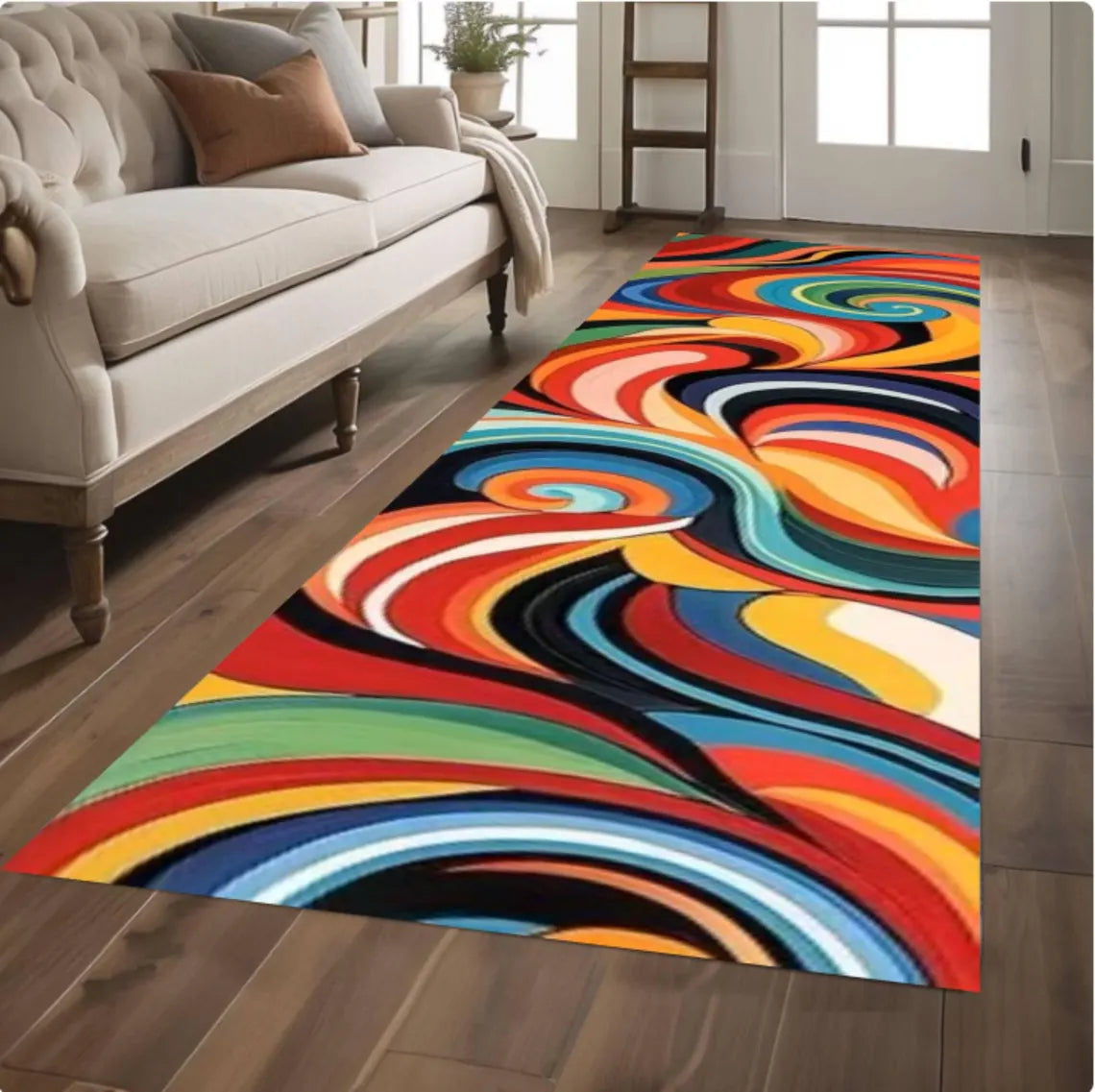 Colorful Abstract Swirl Runner Rug, Retro Psychedelic Hallway Carpet (Washable)