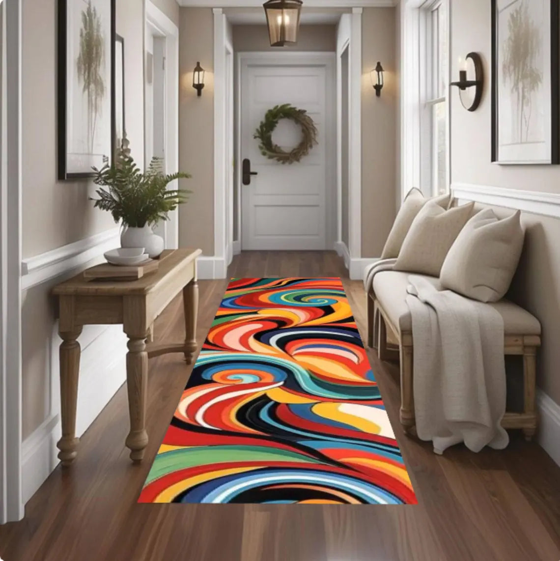 Colorful Abstract Swirl Runner Rug, Retro Psychedelic Hallway Carpet (Washable)