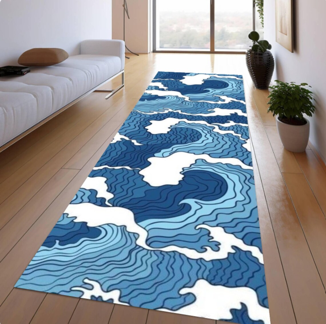 Japanese Style Ocean Wave Runner Rug, Coastal Beach House Hallway Carpet (Washable Non Slip)