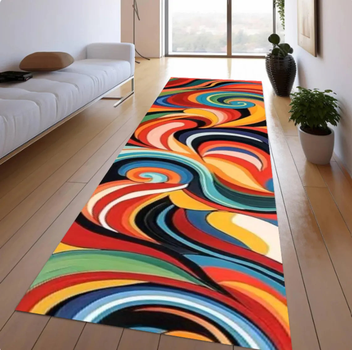 Colorful Abstract Swirl Runner Rug, Retro Psychedelic Hallway Carpet (Washable)