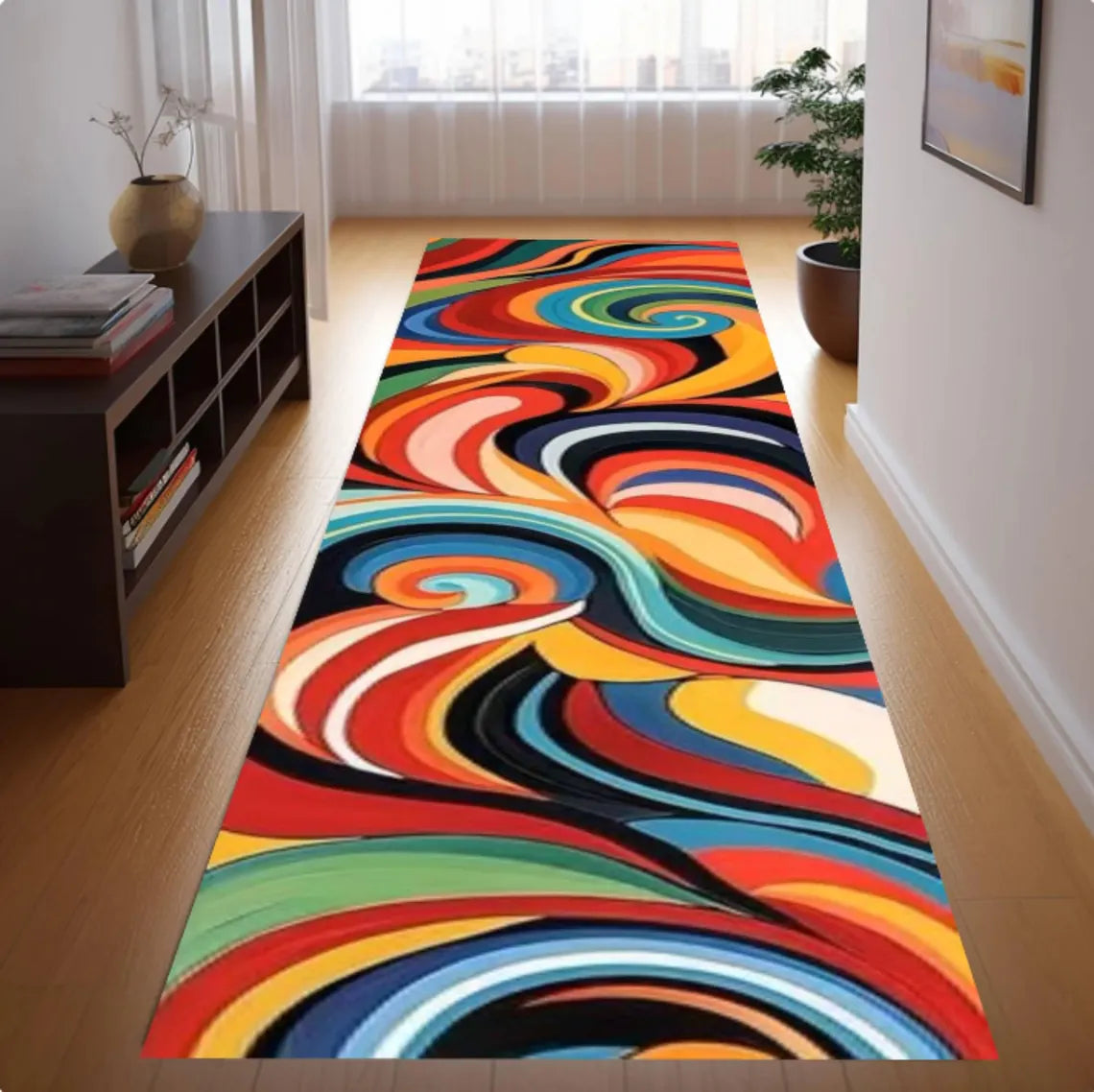 Colorful Abstract Swirl Runner Rug, Retro Psychedelic Hallway Carpet (Washable)