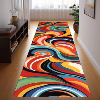 Colorful Abstract Swirl Runner Rug, Retro Psychedelic Hallway Carpet (Washable)