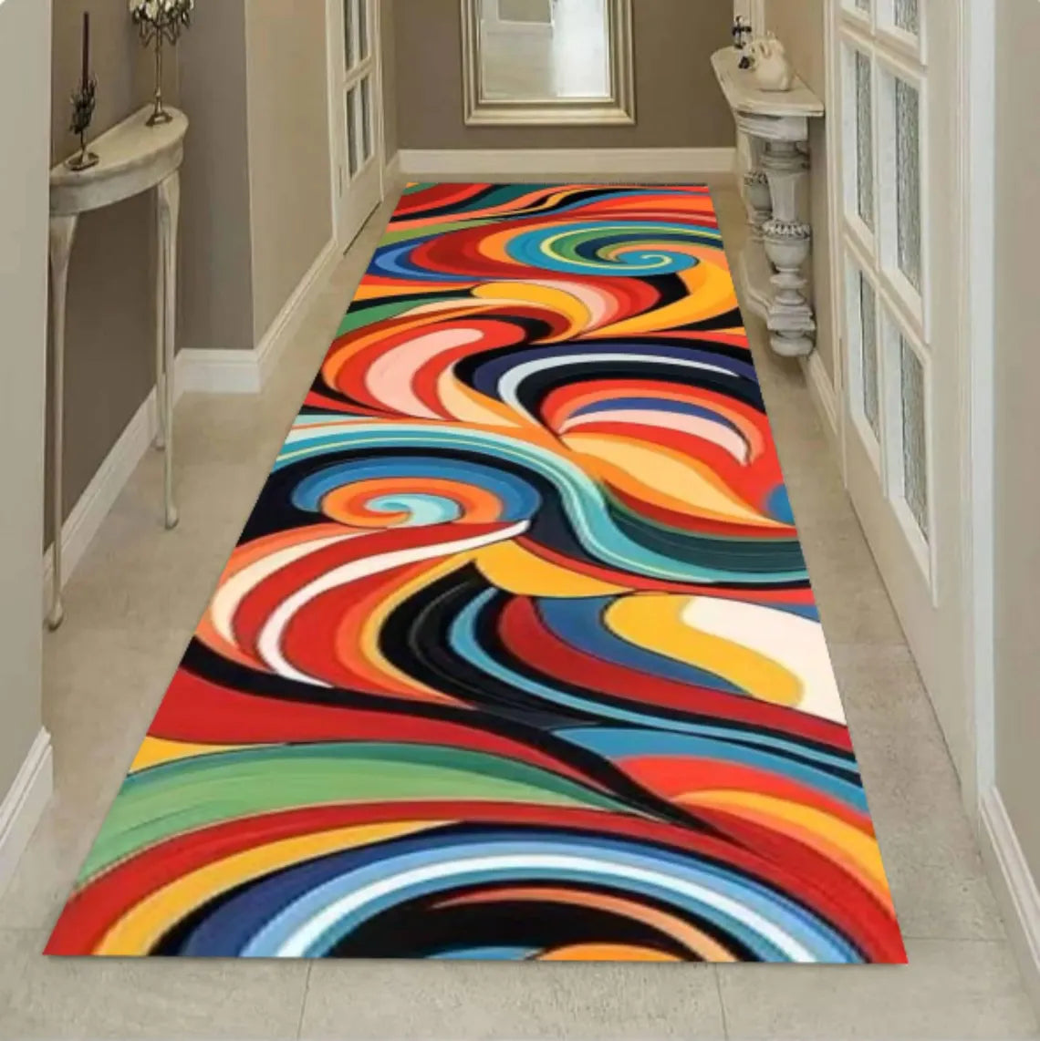 Colorful Abstract Swirl Runner Rug, Retro Psychedelic Hallway Carpet (Washable)