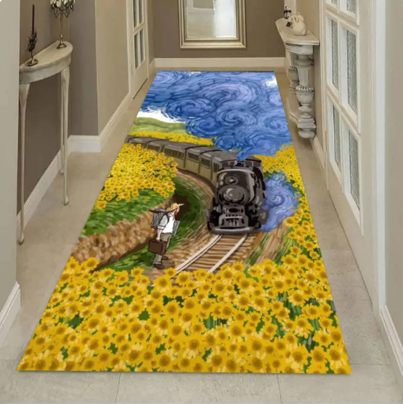 Sunflower Train Runner Rug, Vintage Style Landscape Carpet, Cottagecore Hallway Decor (Washable)