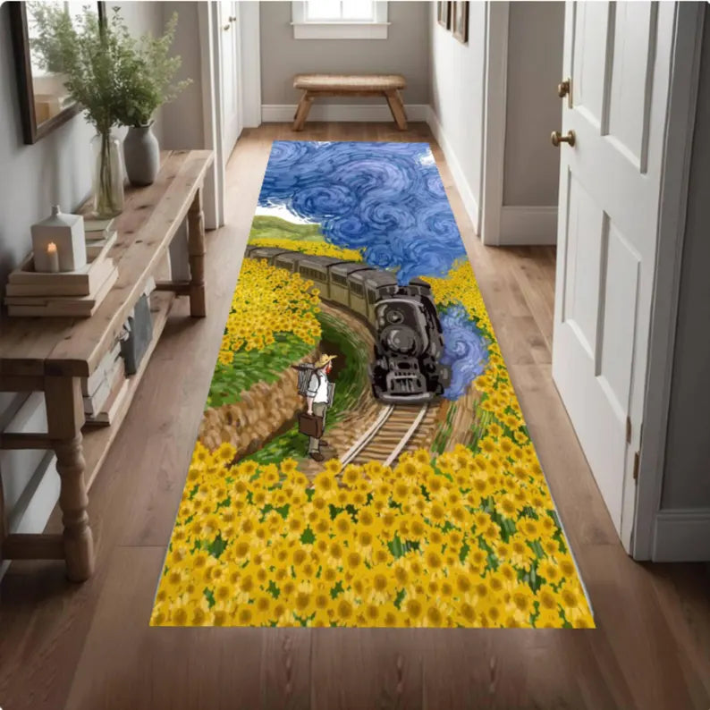 Sunflower Train Runner Rug, Vintage Style Landscape Carpet, Cottagecore Hallway Decor (Washable)
