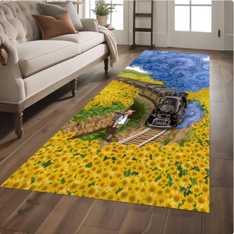 Sunflower Train Runner Rug, Vintage Style Landscape Carpet, Cottagecore Hallway Decor (Washable)