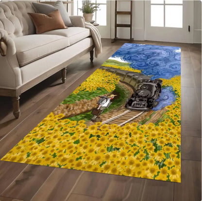 Sunflower Train Runner Rug, Vintage Style Landscape Carpet, Cottagecore Hallway Decor (Washable)