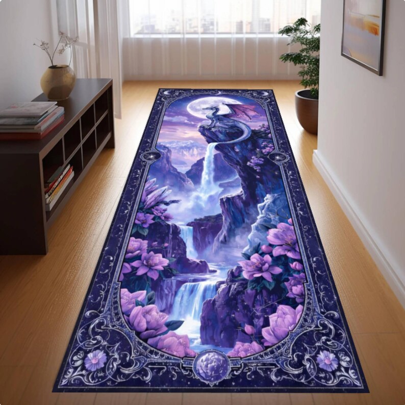 Fantasy Dragon Waterfall Runner Rug, Mystic Gothic Landscape Carpet, Washable Non-Slip Hallway Runner