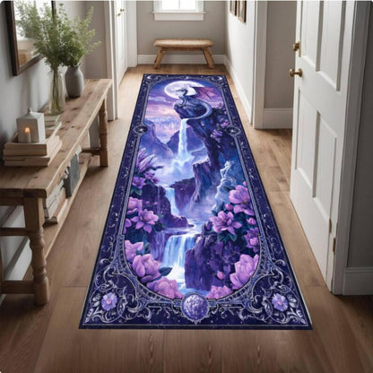 Fantasy Dragon Waterfall Runner Rug, Mystic Gothic Landscape Carpet, Washable Non-Slip Hallway Runner