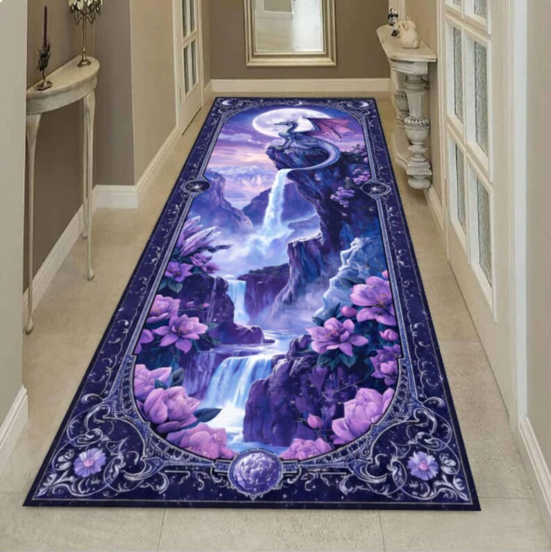 Fantasy Dragon Waterfall Runner Rug, Mystic Gothic Landscape Carpet, Washable Non-Slip Hallway Runner