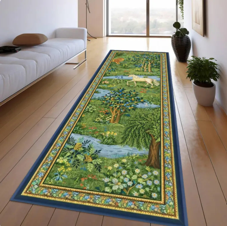 Forest Landscape Runner Rug, Vintage Nature Scene, Cottagecore Botanical, Washable Non Slip