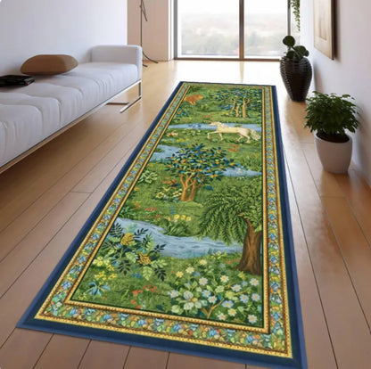 Forest Landscape Runner Rug, Vintage Nature Scene, Cottagecore Botanical, Washable Non Slip