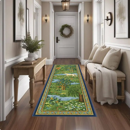 Forest Landscape Runner Rug, Vintage Nature Scene, Cottagecore Botanical, Washable Non Slip