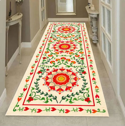 Boho Floral Runner Rug, Vintage Folk Art Hallway Carpet, Washable Non Slip Runner