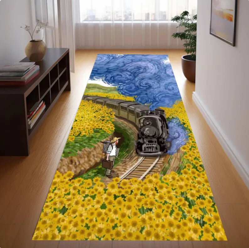 Sunflower Train Runner Rug, Vintage Style Landscape Carpet, Cottagecore Hallway Decor (Washable)
