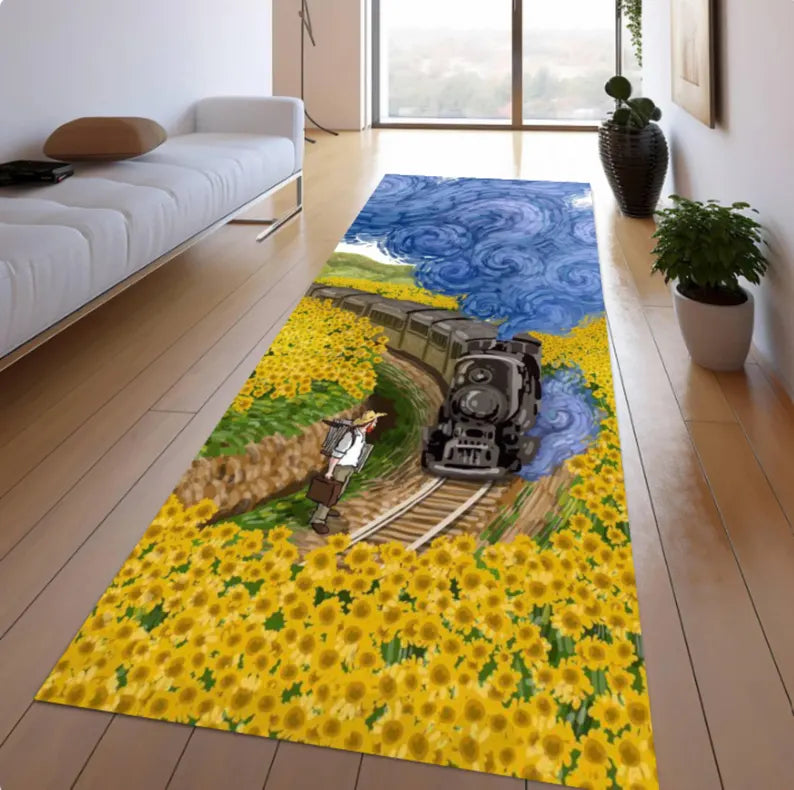 Sunflower Train Runner Rug, Vintage Style Landscape Carpet, Cottagecore Hallway Decor (Washable)