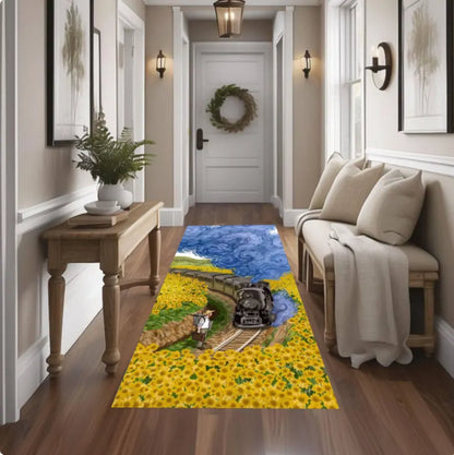 Sunflower Train Runner Rug, Vintage Style Landscape Carpet, Cottagecore Hallway Decor (Washable)