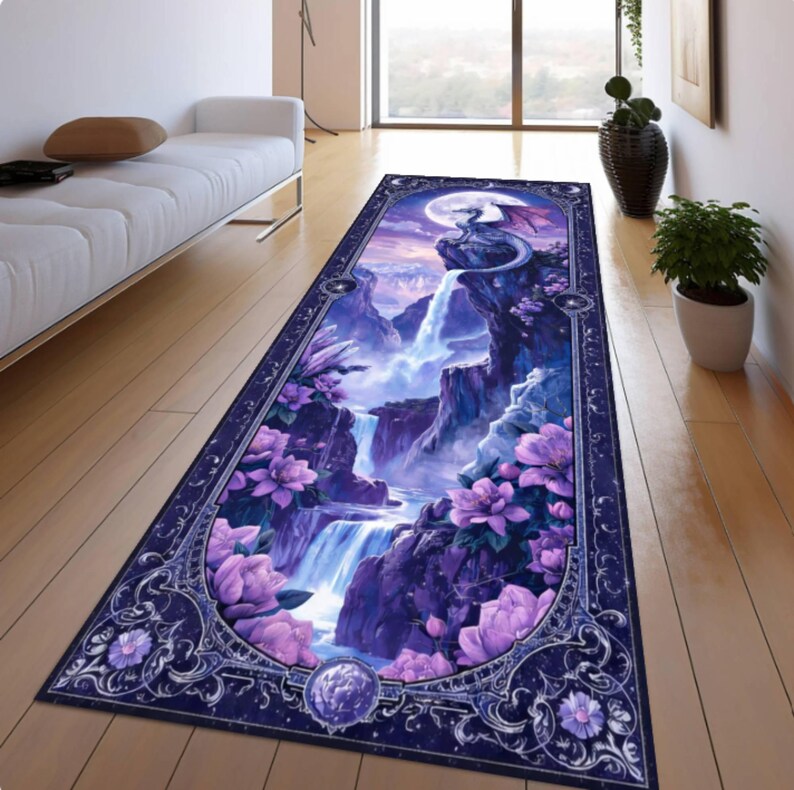 Fantasy Dragon Waterfall Runner Rug, Mystic Gothic Landscape Carpet, Washable Non-Slip Hallway Runner