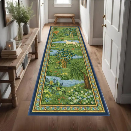 Forest Landscape Runner Rug, Vintage Nature Scene, Cottagecore Botanical, Washable Non Slip