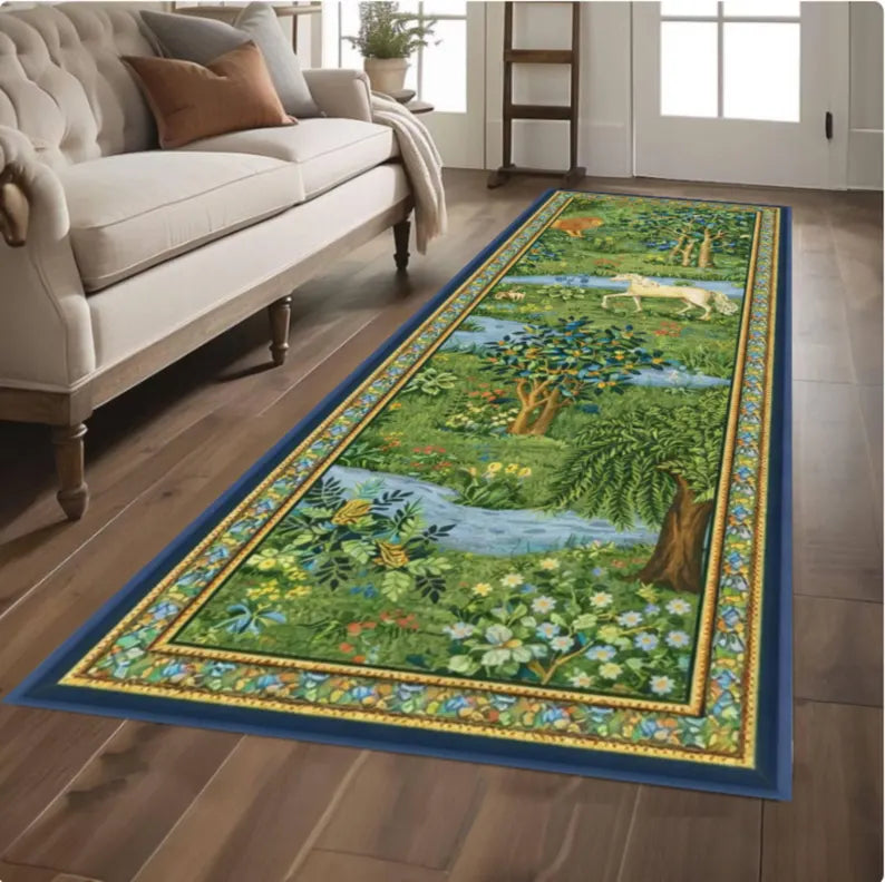 Forest Landscape Runner Rug, Vintage Nature Scene, Cottagecore Botanical, Washable Non Slip