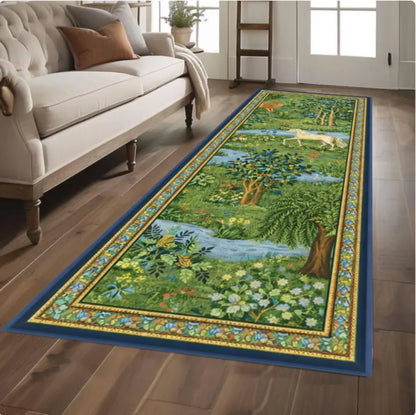 Forest Landscape Runner Rug, Vintage Nature Scene, Cottagecore Botanical, Washable Non Slip
