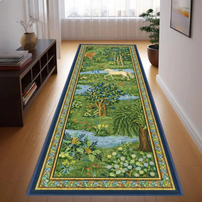 Forest Landscape Runner Rug, Vintage Nature Scene, Cottagecore Botanical, Washable Non Slip