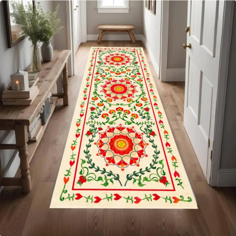 Boho Floral Runner Rug, Vintage Folk Art Hallway Carpet, Washable Non Slip Runner