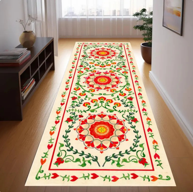 Boho Floral Runner Rug, Vintage Folk Art Hallway Carpet, Washable Non Slip Runner