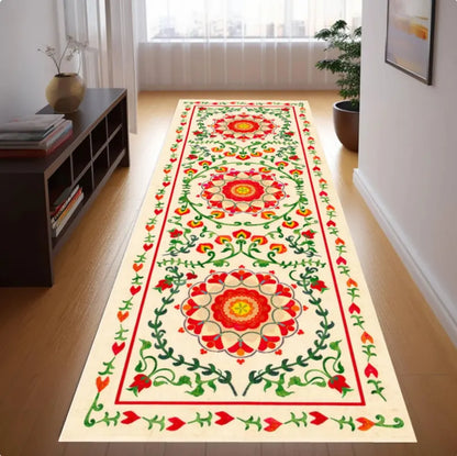 Boho Floral Runner Rug, Vintage Folk Art Hallway Carpet, Washable Non Slip Runner