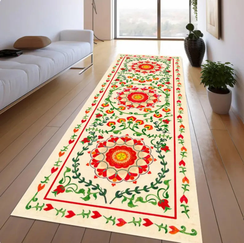 Boho Floral Runner Rug, Vintage Folk Art Hallway Carpet, Washable Non Slip Runner