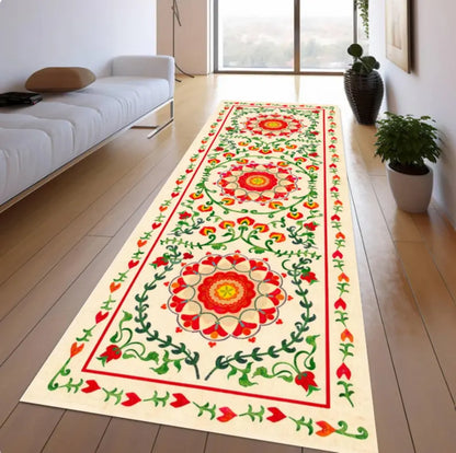 Boho Floral Runner Rug, Vintage Folk Art Hallway Carpet, Washable Non Slip Runner