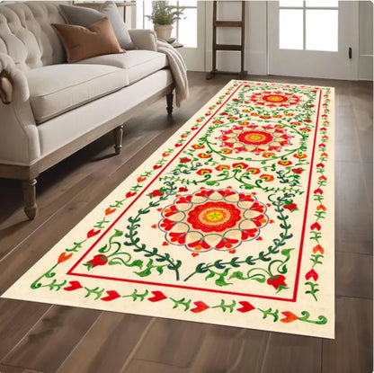 Boho Floral Runner Rug, Vintage Folk Art Hallway Carpet, Washable Non Slip Runner