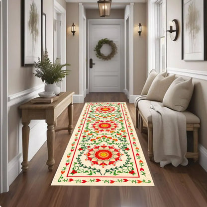 Boho Floral Runner Rug, Vintage Folk Art Hallway Carpet, Washable Non Slip Runner