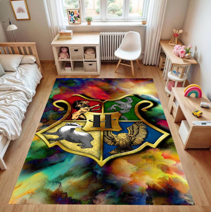 Colorful rug with a Hogwarts crest in a bedroom setting