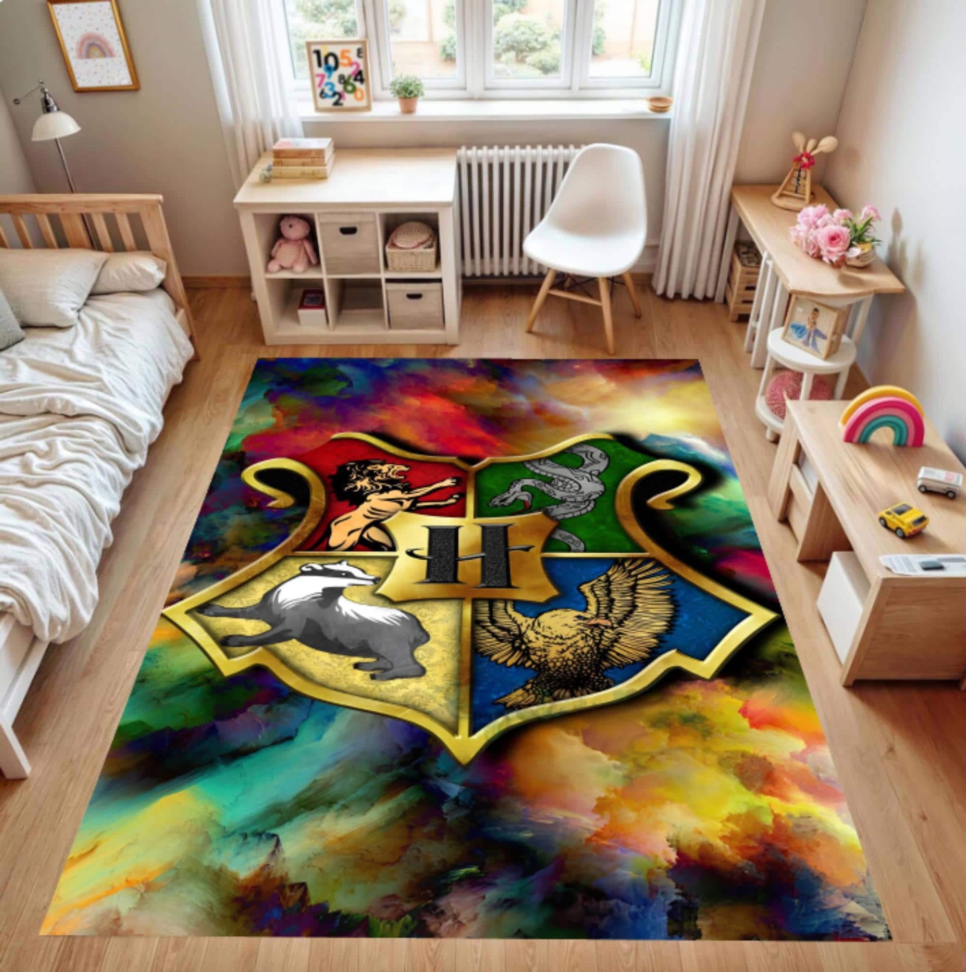 Colorful rug with a Hogwarts crest in a bedroom setting